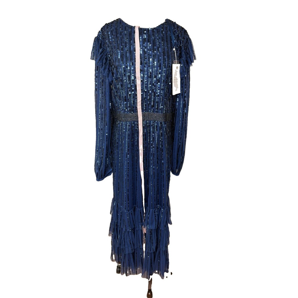 Mac Duggal 23003 Midnight Blue Sequined Tiered Midi Dress Long Sleeve Sz 14698
